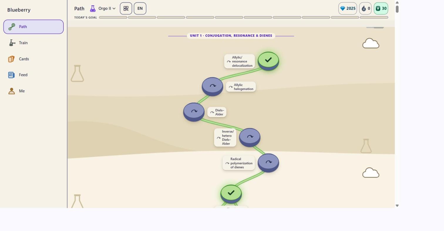 Blueberry's organic chemistry learning path, with connected lesson nodes and a study sidebar