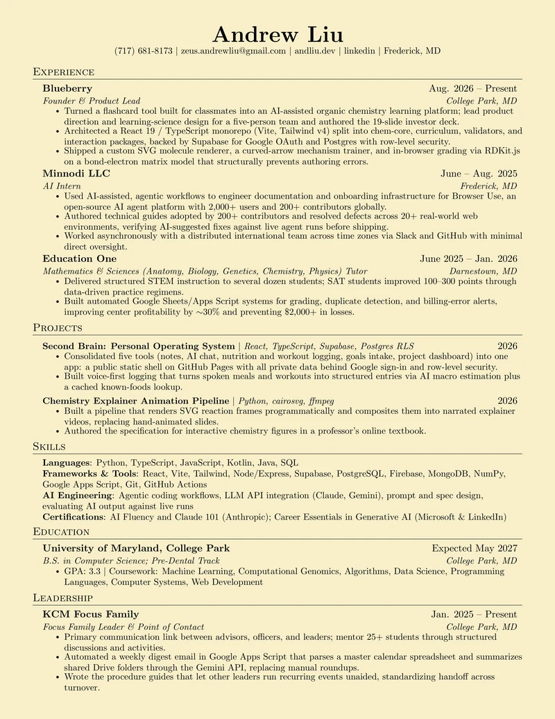 Page one of Andrew Liu's résumé: experience at Blueberry, Minnodi and Education One, projects, skills, UMD, and leadership.