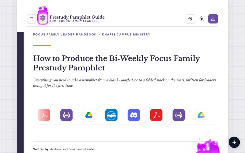 The Focus Family Guide: its cover with the KCM logo burning and the tool logos scrolling, then the Procedure and Step 10 pages