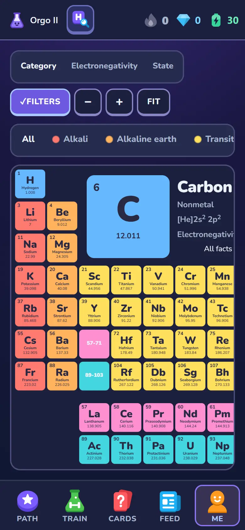 Blueberry's periodic table on a phone: colour-coded elements by category with carbon selected, showing atomic number 6, mass 12.011 and its electron configuration