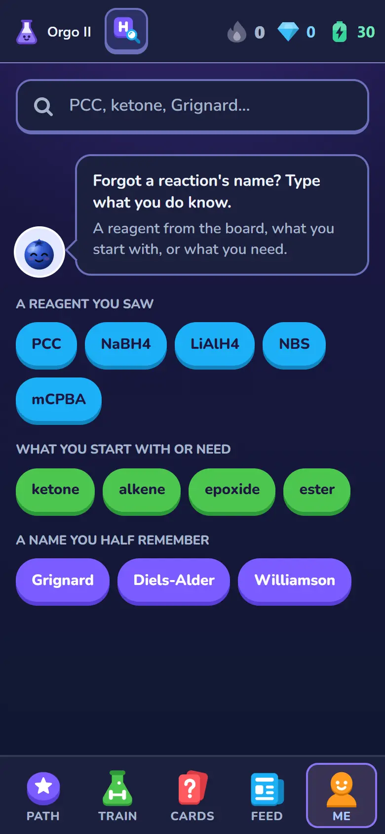 Blueberry's reaction search on a phone: a search box and tappable chips for reagents like PCC and NaBH4, starting groups like ketone, and named reactions like Grignard and Diels-Alder