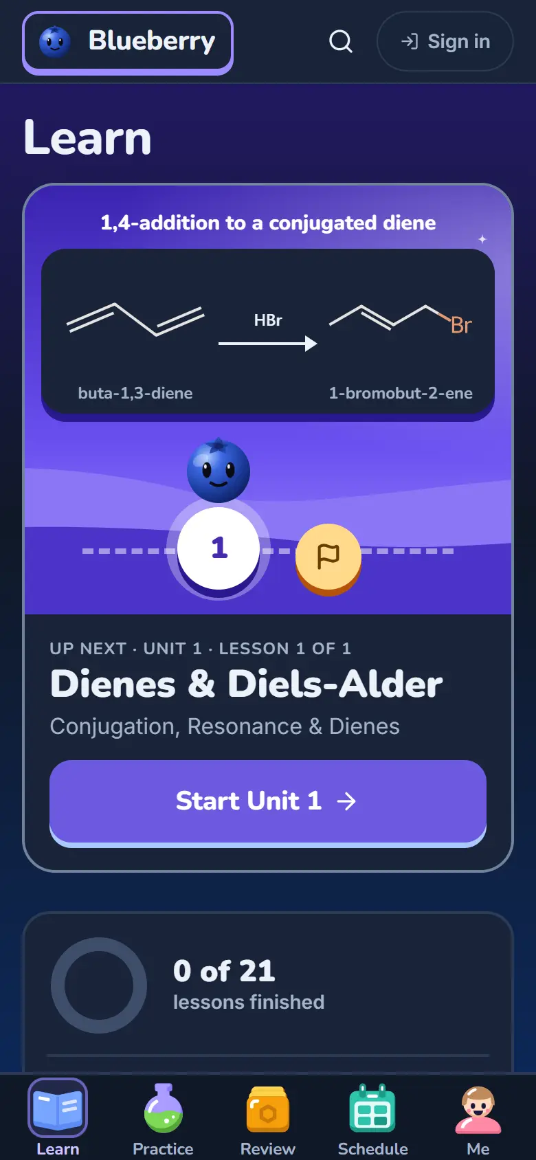 Blueberry's Learn page on a phone: a banner showing butadiene and HBr giving 1-bromobut-2-ene, then Up next, Dienes and Diels-Alder, with a Start Unit 1 button