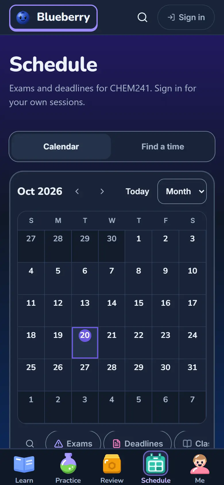 Blueberry's Schedule page on a phone: an October 2026 month calendar for CHEM241 exams and deadlines, with today's date circled